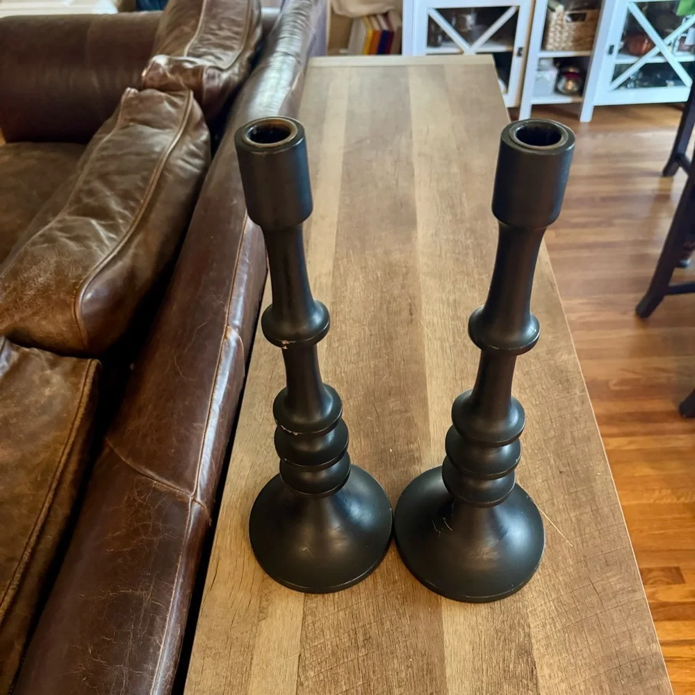 Cost Plus World Market Black Mango Wood Ringed Taper Candle Holder Matte 16
